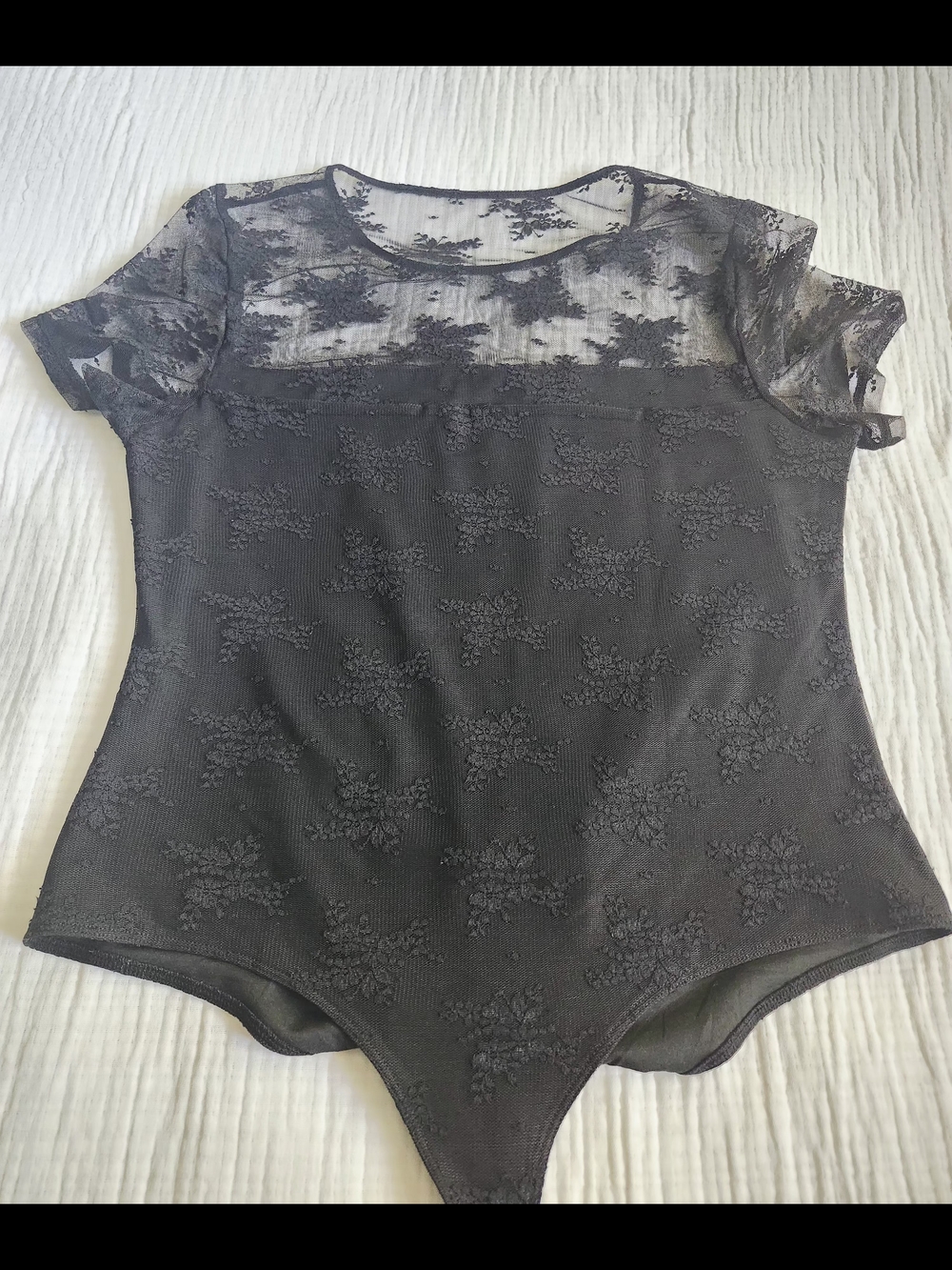 Sheer Yoke Black Lace Short Sleeve Bodysuit